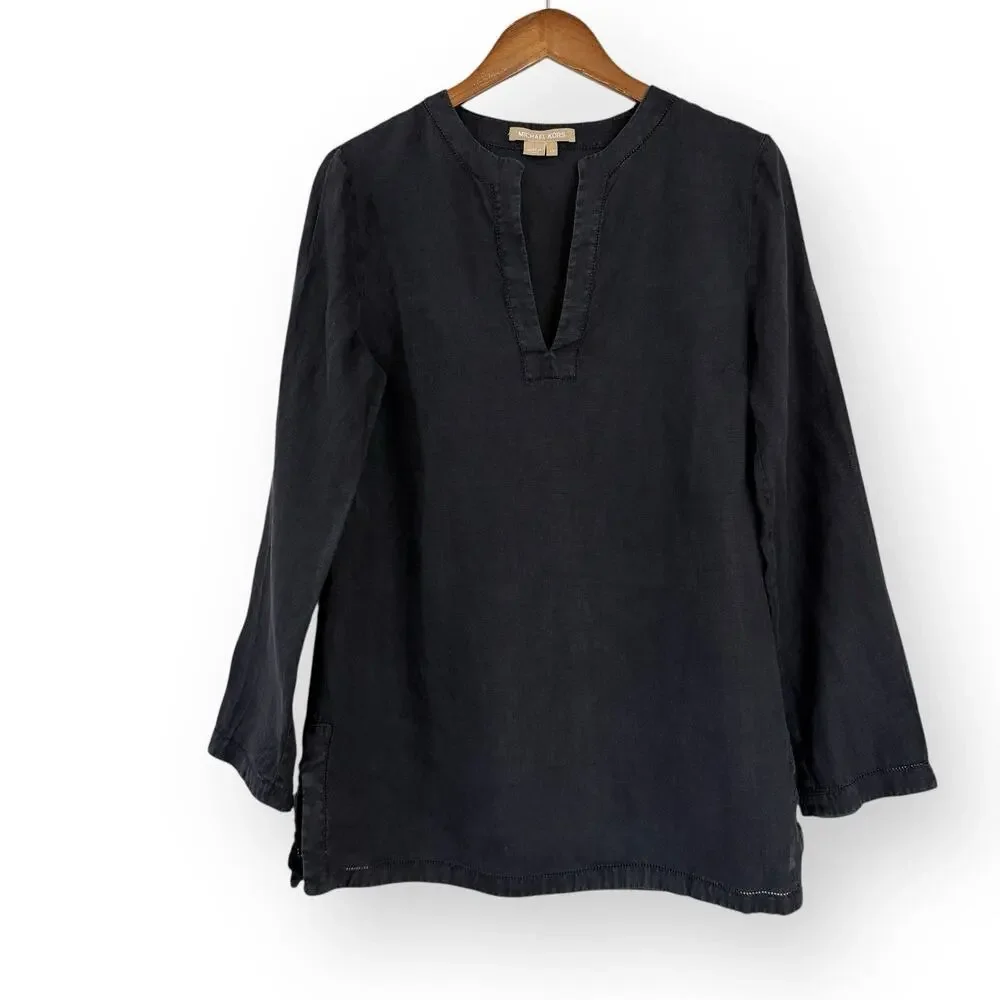Michael Kors Black 100% Linen Tunic 10 Popover Blouse Made in Italy Quiet Luxury